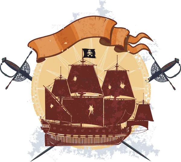 Navio pirata e um distintivo com sabres — Vetor de Stock