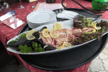 Beyaz tabakta dolması mersin balığı