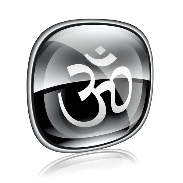 stock image Om Symbol icon black glass, isolated on white background.