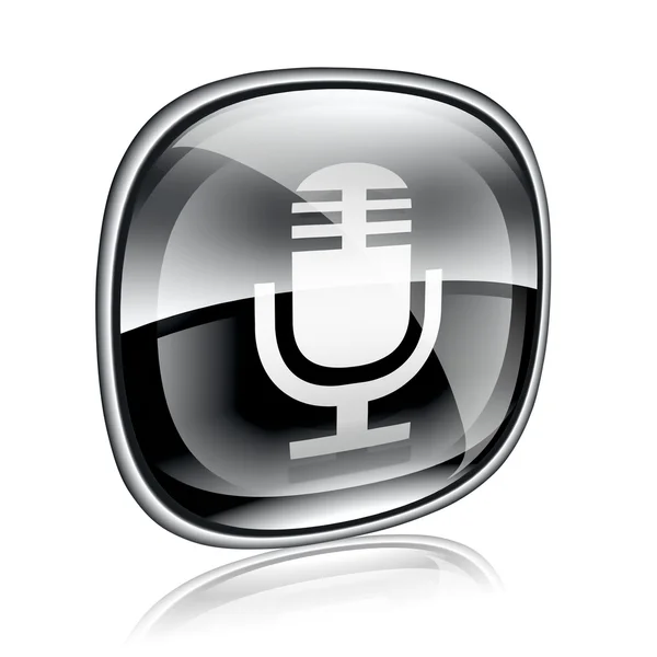 Microfono icona in vetro nero, isolato su sfondo bianco — Foto Stock