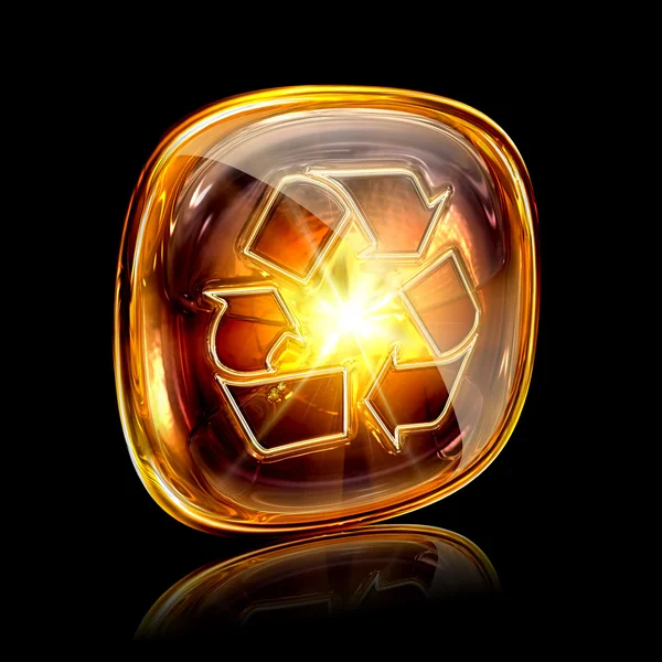Recycling symbol icon amber, isolated on black background. — Stock Photo, Image