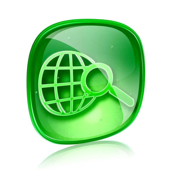 Glóbus a Lupa ikonu zelené sklo, izolovaných na bílém poz — Stock fotografie