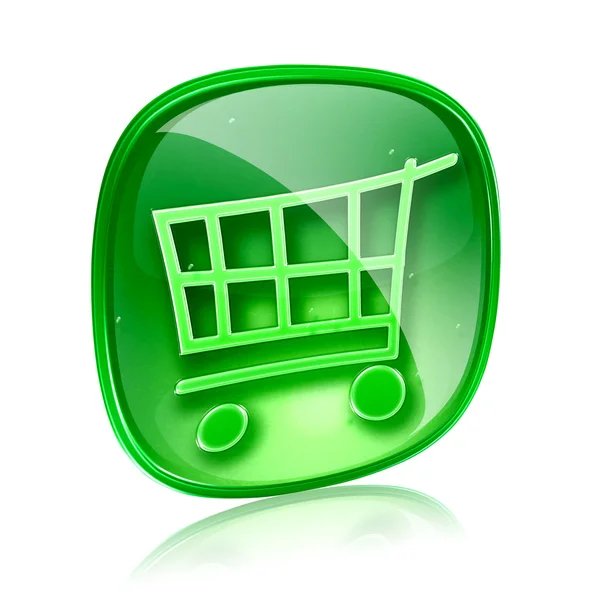 Winkelen kar pictogram groen glas, geïsoleerd op witte achtergrond. — Stockfoto