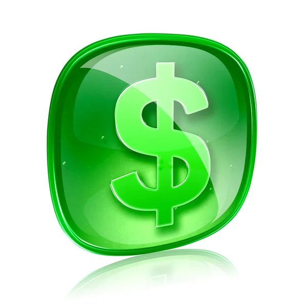 Dólar icono de vidrio verde, aislado sobre fondo blanco — Foto de Stock