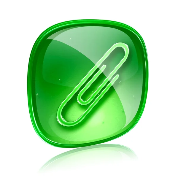 Paperclip pictogram groen glas, geïsoleerd op witte achtergrond — Stockfoto