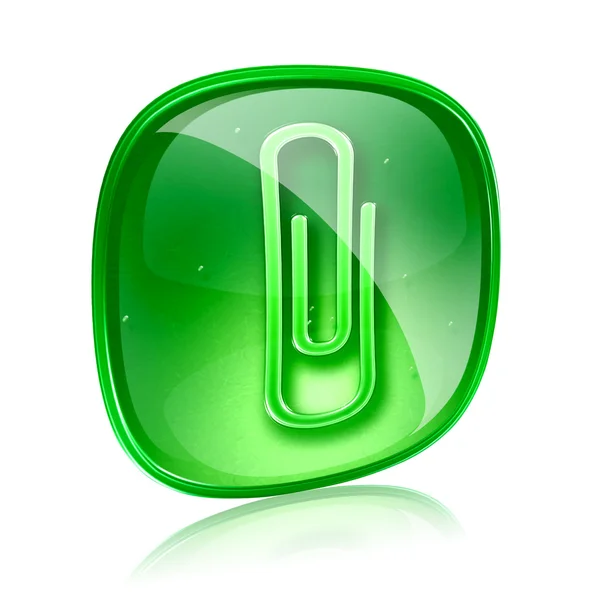 回形针图标绿色玻璃，在白色背景上孤立 — 图库照片