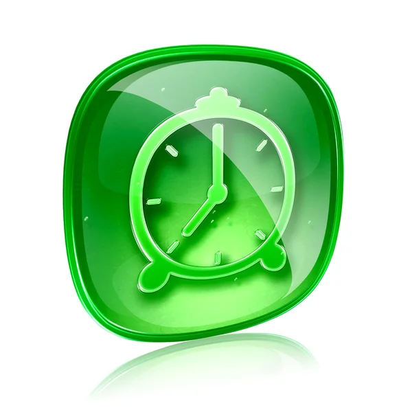Reloj icono de vidrio verde, aislado sobre fondo blanco — Foto de Stock