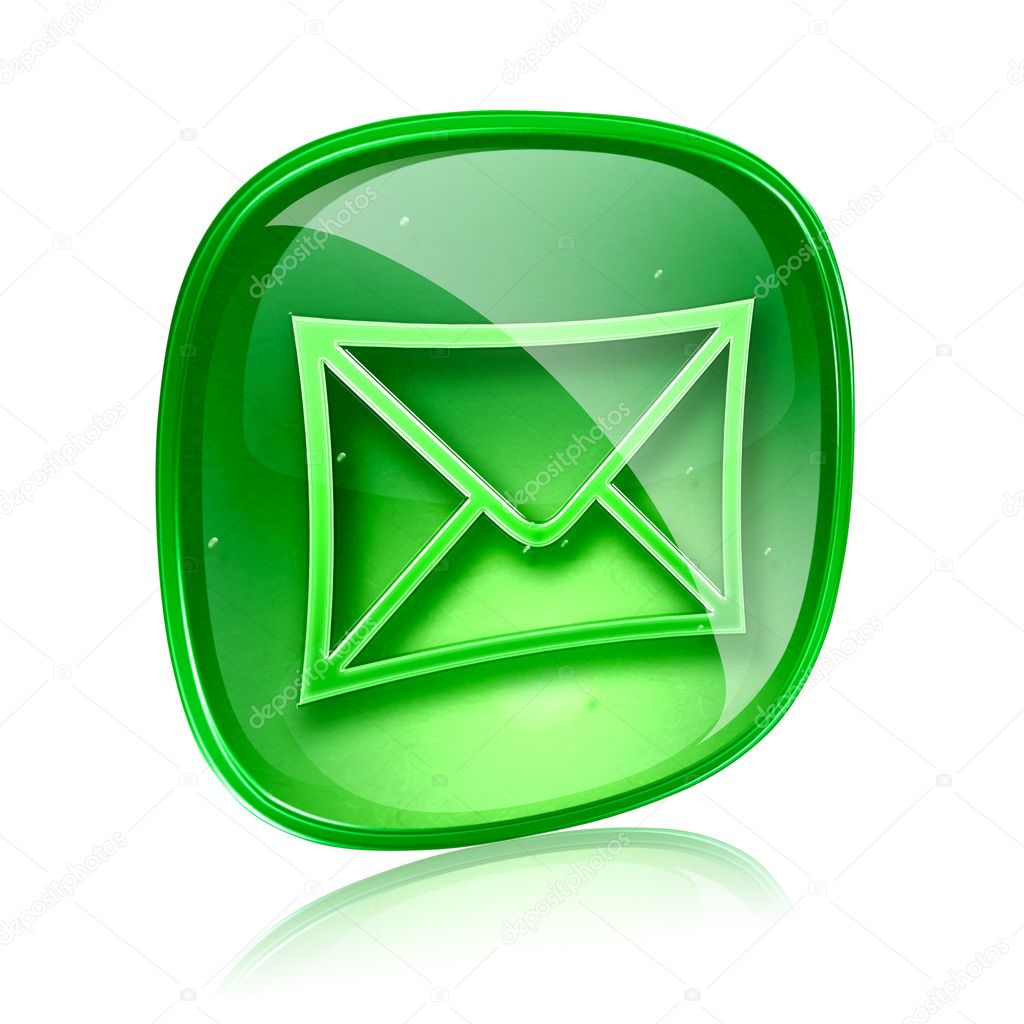 Envelope icon green glass, isolated on white background
