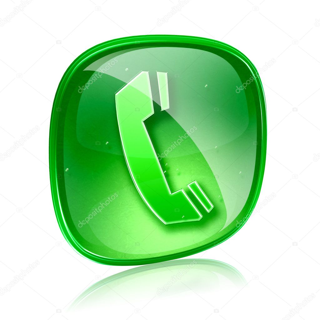 Phone icon green glass, isolated on white background.