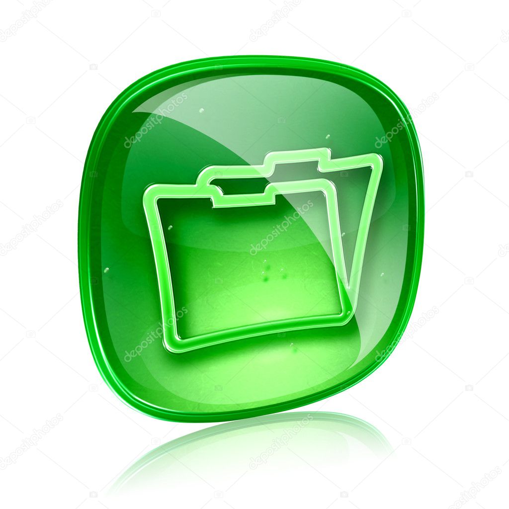 Folder icon green glass, isolated on white background