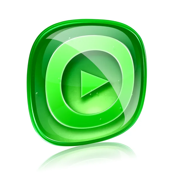 Spelen pictogram knop groen glas, geïsoleerd op witte achtergrond. — Stockfoto