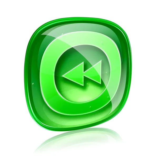 Rewind icona di vetro verde, isolato su sfondo bianco . — Foto Stock