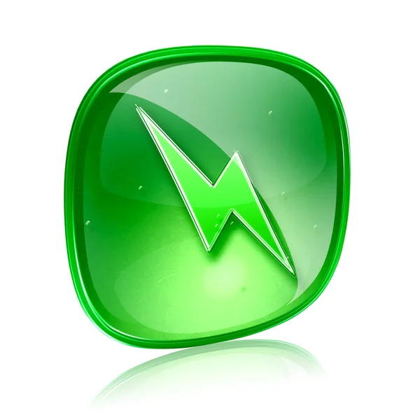 Bliksem pictogram groen glas, geïsoleerd op witte achtergrond. — Stockfoto