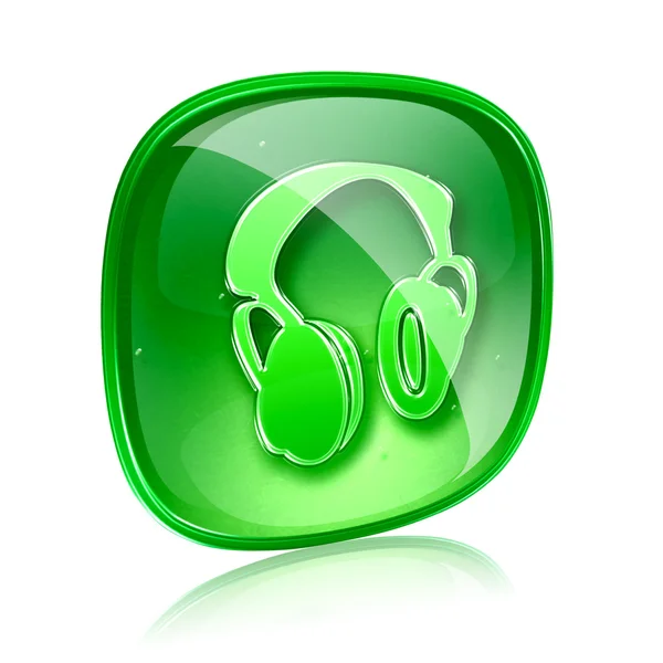 耳机图标绿色玻璃，在白色背景上孤立. — 图库照片