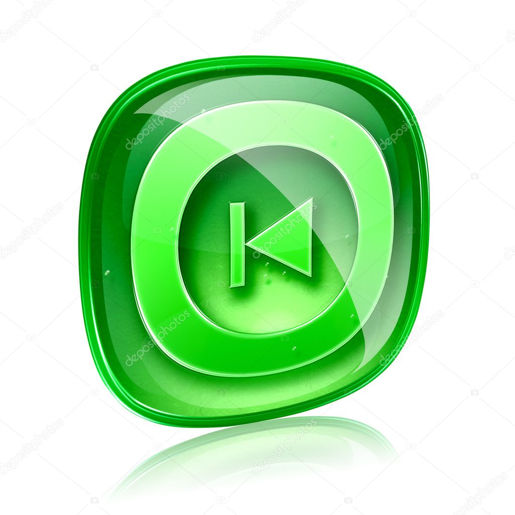 Rewind Back icon green glass, isolated on white background.