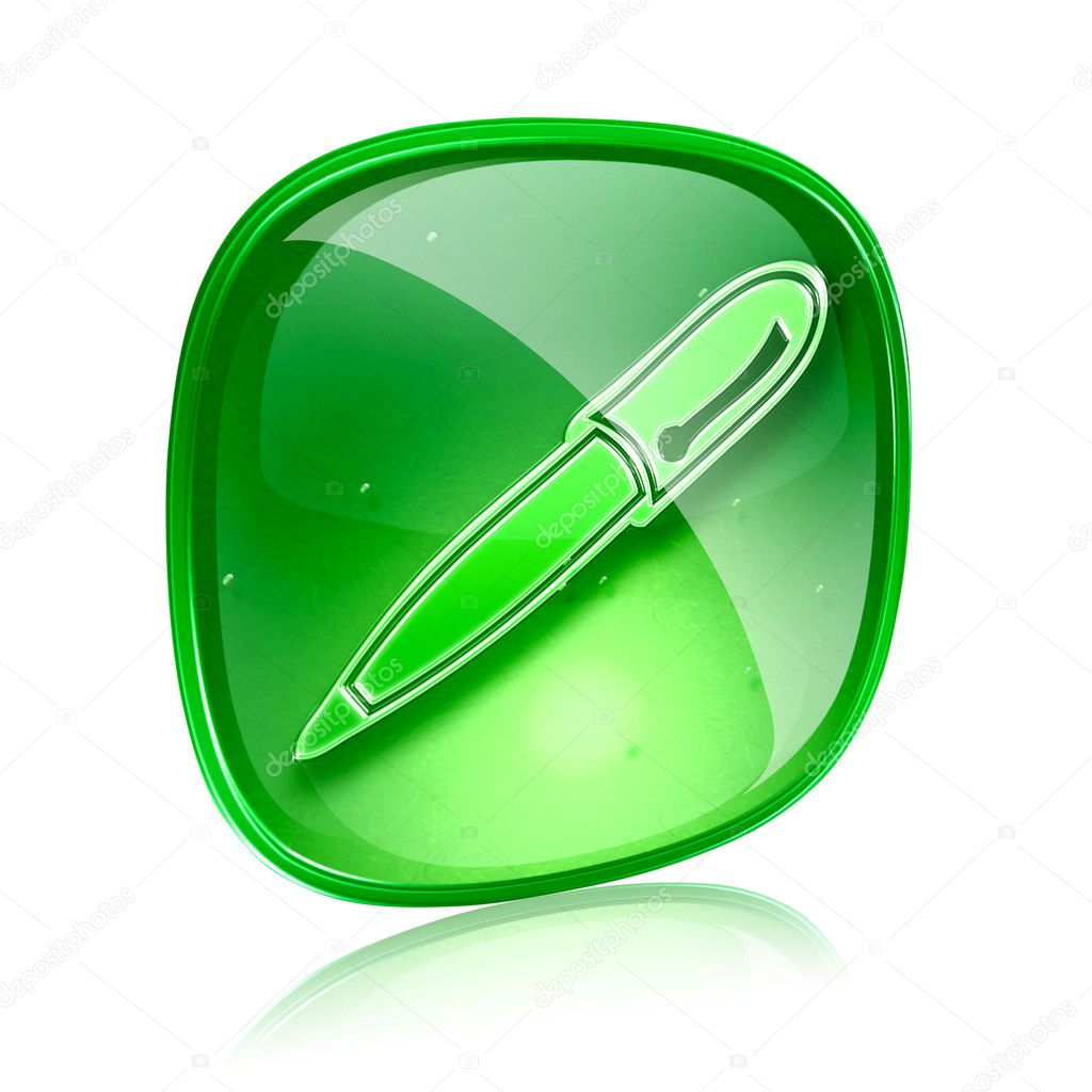 Pen icon green glass, isolated on white background.