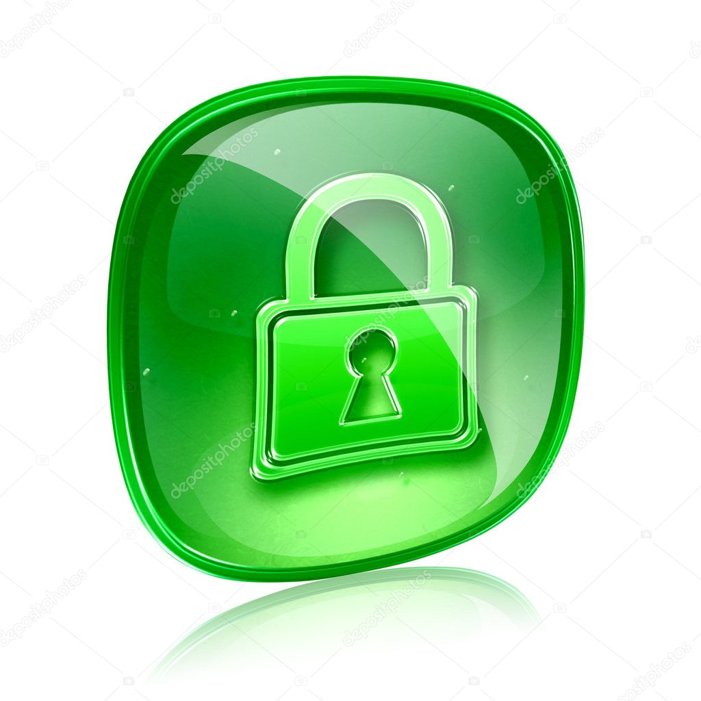 Lock icon green glass, isolated on white background.