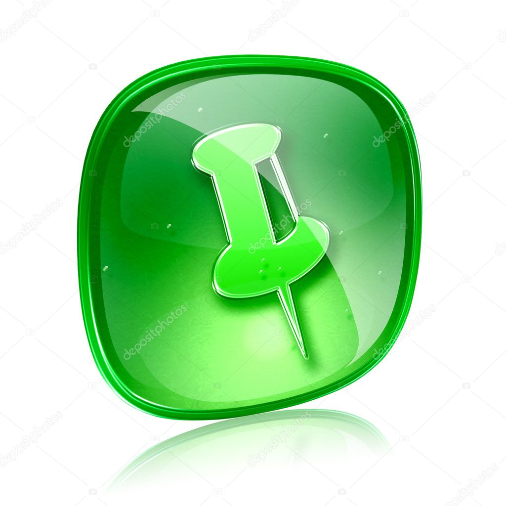Thumbtack icon green glass, isolated on white background.