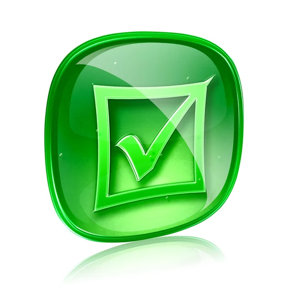 Verificar ícone de vidro verde, isolado no fundo branco . — Fotografia de Stock