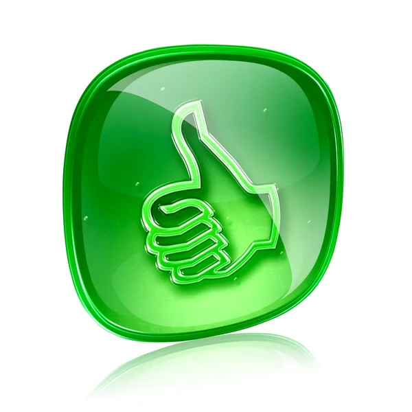 Pulgar hacia arriba icono de vidrio verde, aprobación gesto de la mano, aislado en wh — Foto de Stock
