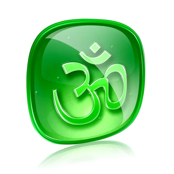 Om Símbolo icono de vidrio verde, aislado sobre fondo blanco . — Foto de Stock