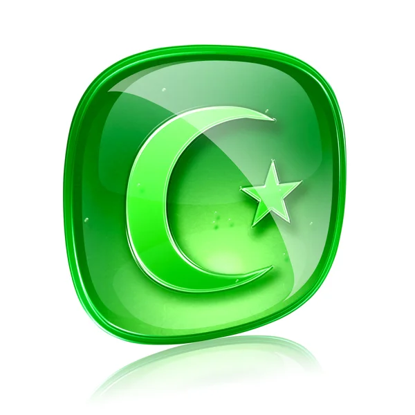 Luna y estrella icono de vidrio verde, aislado sobre fondo blanco . — Foto de Stock