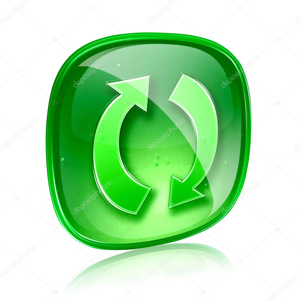 Refresh icon green glass, isolated on white background.