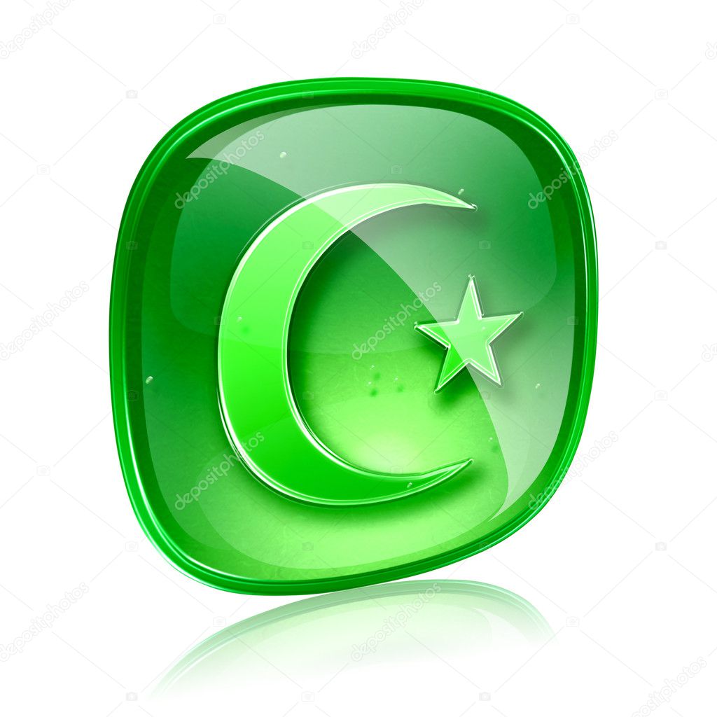 Moon and star icon green glass, isolated on white background.