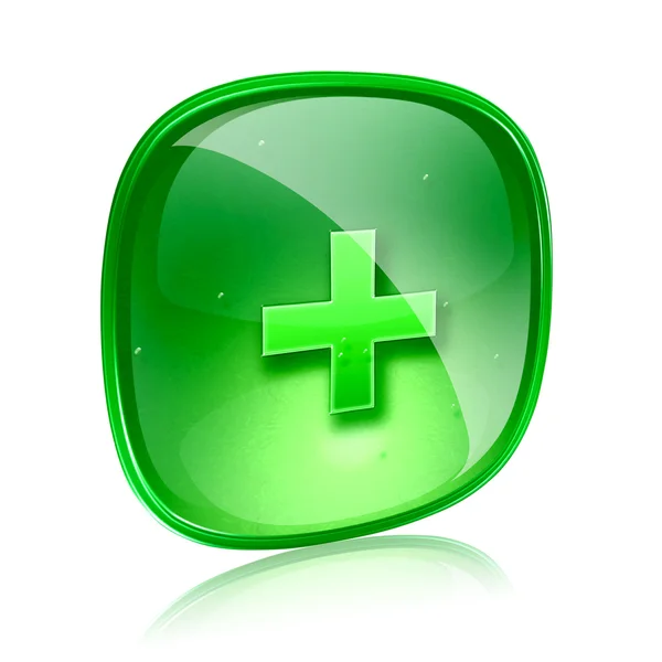 Plus icon green glass, isolated on white background — Stock Photo, Image