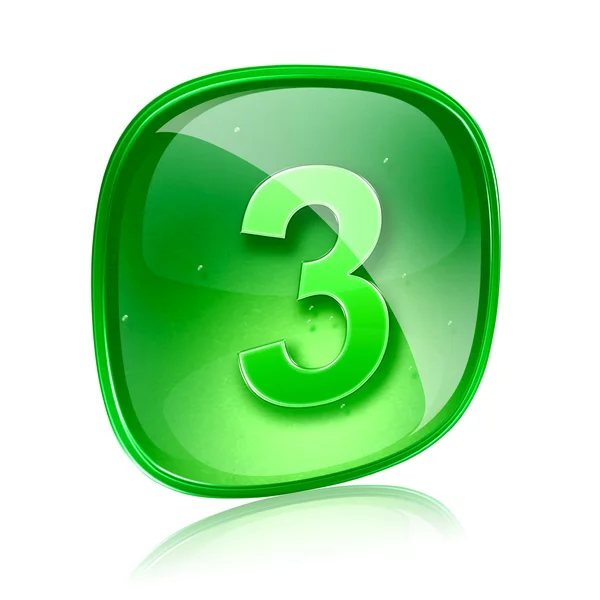 Numero tre icona di vetro verde, isolato su sfondo bianco — Foto Stock