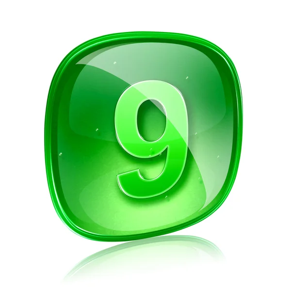 Numero nove icona di vetro verde, isolato su sfondo bianco — Foto Stock