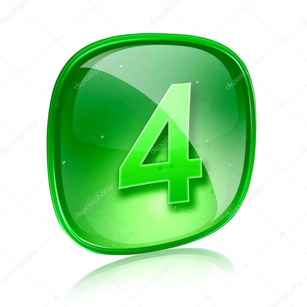 Number four icon green glass, isolated on white background