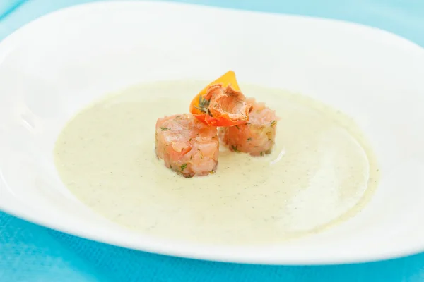 Cream soup with salmon — Stock Image Cream soup with salmon Royalty Free Stock Images