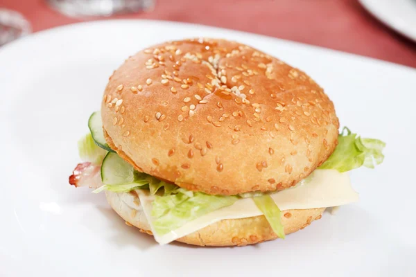 Hamburguesa con queso en el plato blanco — Foto de Stock