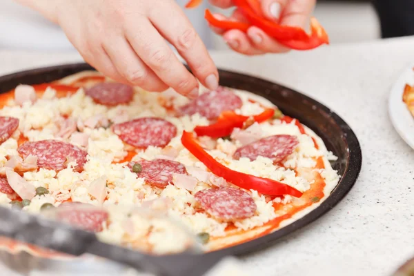 stock image Chef making pizza at kitchen