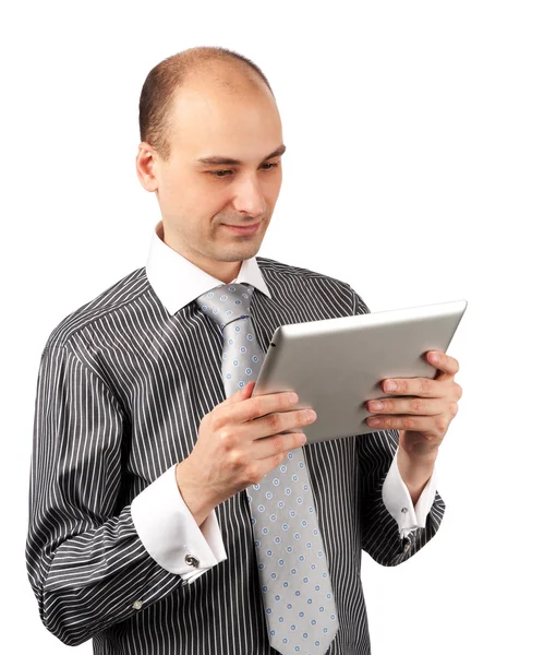 Krásný usměvavý muž s tabletový počítač — Stock fotografie