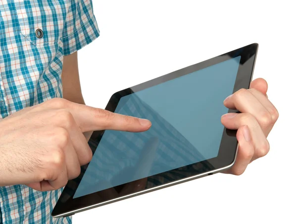 Männliche Hand hält einen Touchpad-PC — Stockfoto