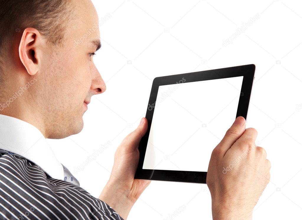 Portrait of handsome smiling man with tablet computer