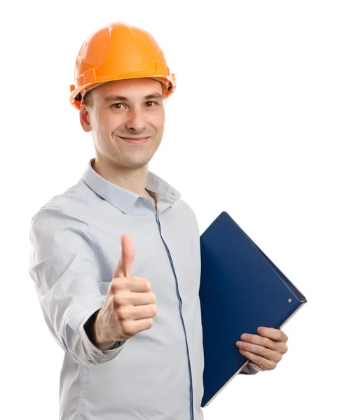 Portret młodego pozytywny robotnik thumbs up — Zdjęcie stockowe