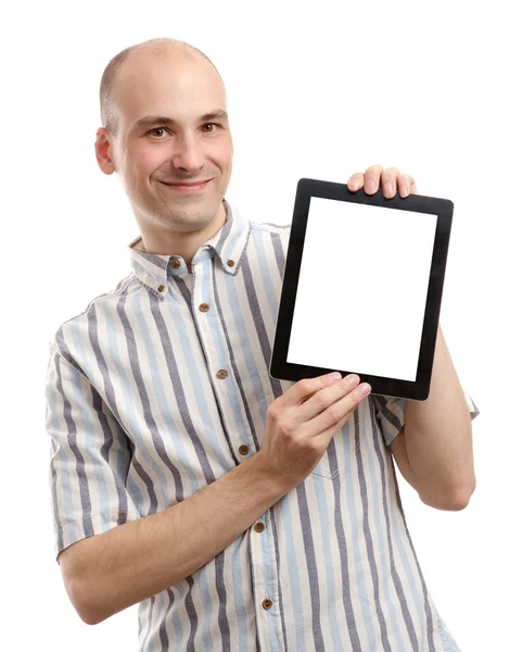 Красивий усміхнений чоловік з планшетним комп'ютером — стокове фото