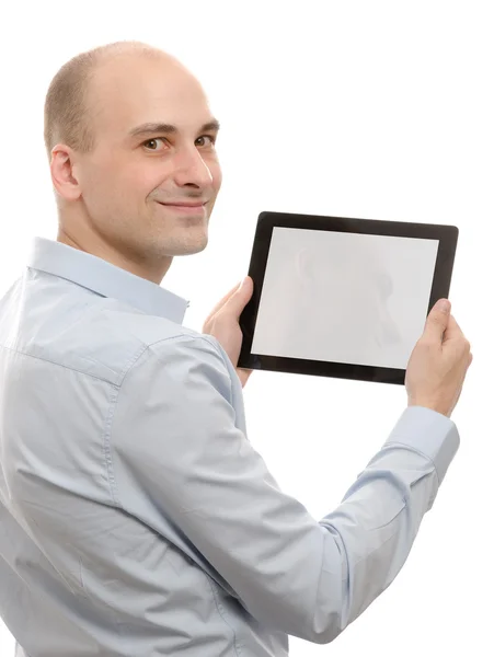 Ο άνθρωπος των επιχειρήσεων χρησιμοποιώντας μια συσκευή με οθόνη αφής — Φωτογραφία Αρχείου