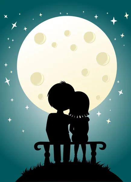 Casal jovem e céu noturno com lua — Vetor de Stock