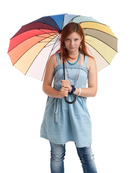 Genç kızla mutlu bir şemsiye — Stok fotoğraf