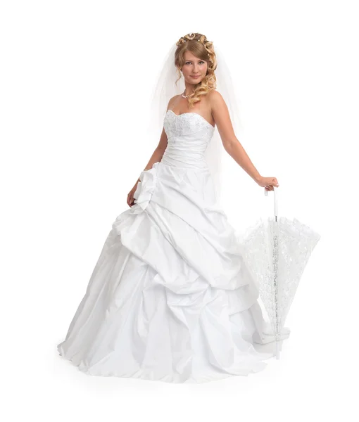 Braut trägt luxuriöses Hochzeitskleid — Stockfoto