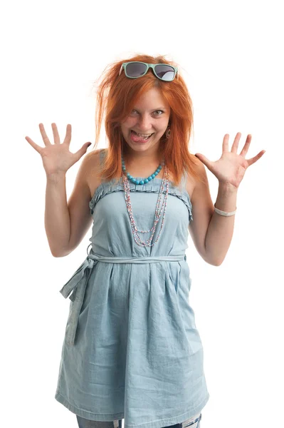 Funny redhead woman shows her tongue — Stock Photo, Image