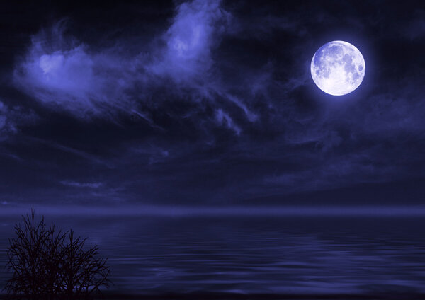 Full moon over water in night