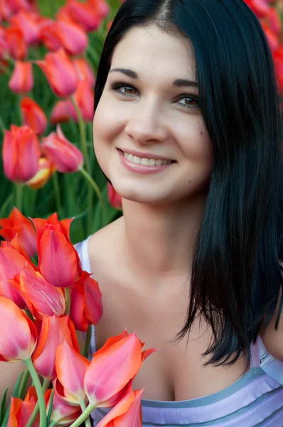 Lány, tulipán. — Stock Fotó