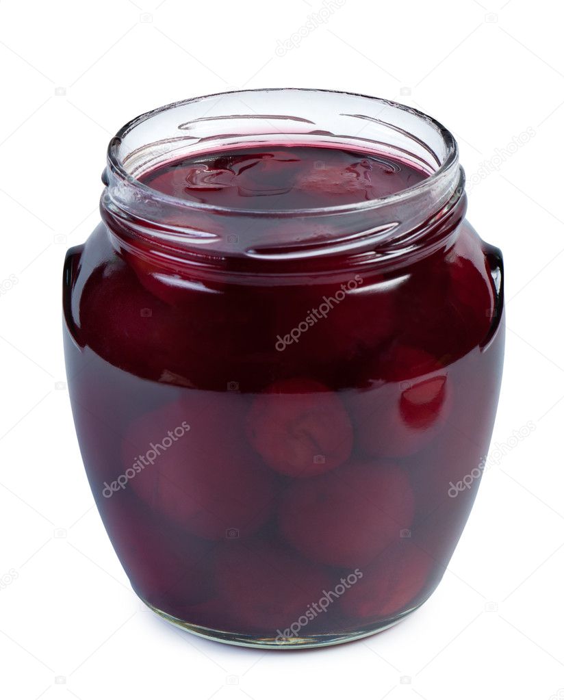 Canned fruit in glass jar.