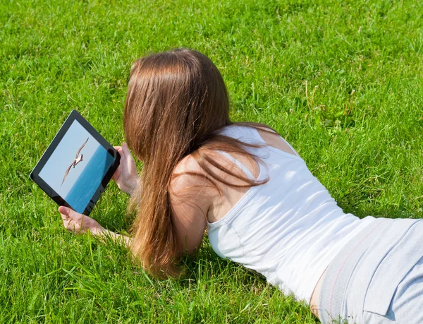 Menina olha foto no tablet enquanto deitado na grama . — Fotografia de Stock