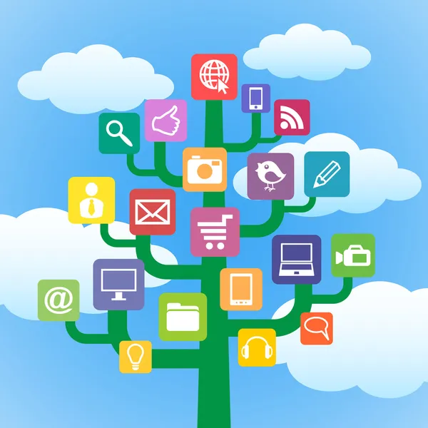 Árvore com ícones gadgets e símbolos de computador . —  Vetores de Stock